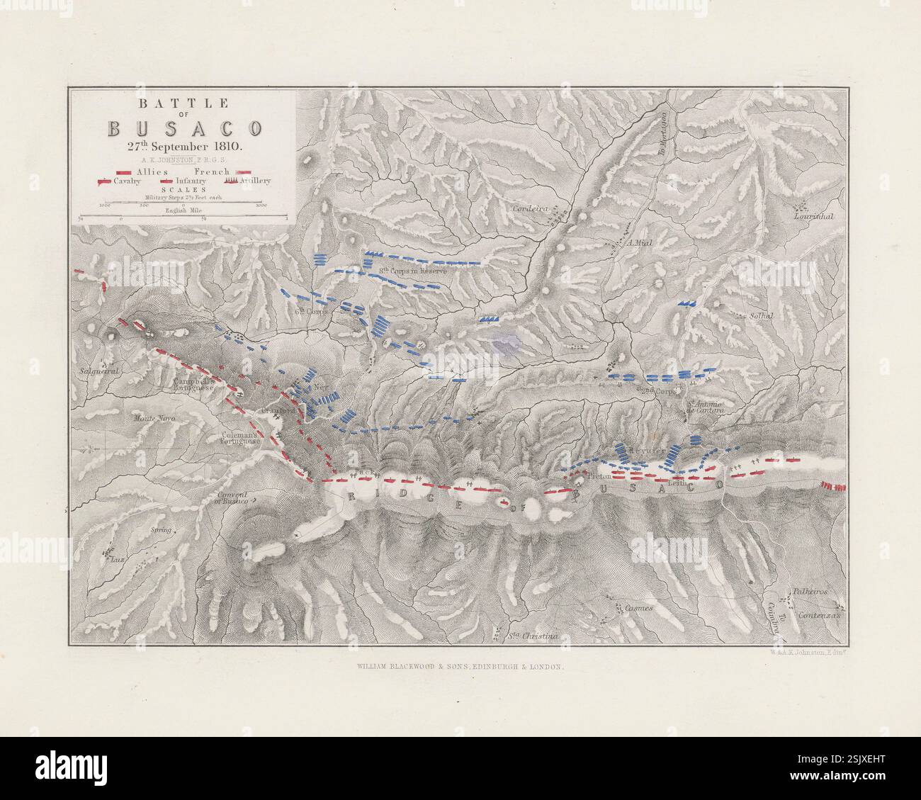 Piano della Battaglia di Busaco/Bussaco, Potugal 27 settembre 1810. . Mappa militare storica di Alexander Keith Johnston, prodotta nel XIX secolo Foto Stock