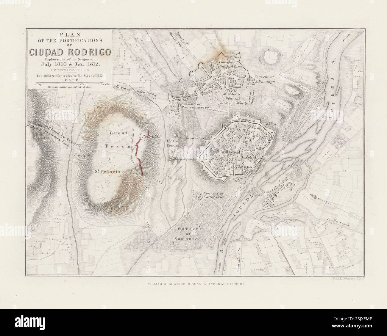 Piano delle fortificazioni di Ciuda Rodrigo, espansionamento degli assedi del luglio 1810 e del gennaio 1812. Mappa militare storica di Alexander Keith Johnston, prodotta nel XIX secolo Foto Stock