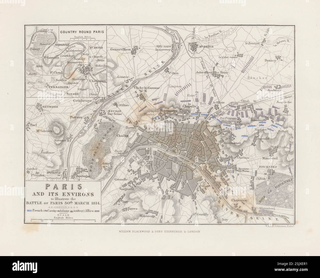 Piano della città di Parigi e dei suoi dintorni per illustrare la Battaglia di Parigi 30 marzo 1814 . Mappa militare storica di Alexander Keith Johnston, prodotta nel XIX secolo Foto Stock
