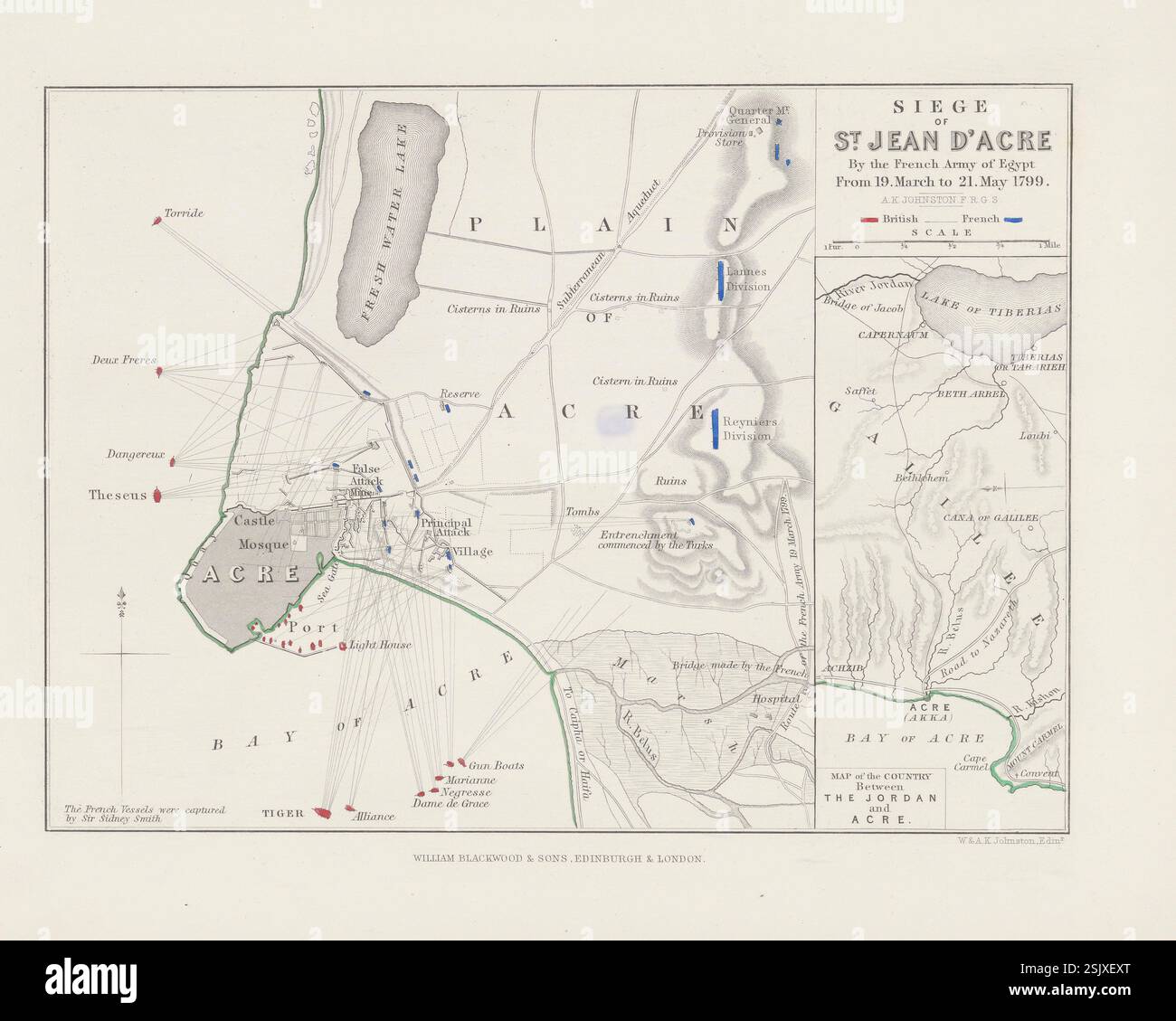 Piano d'assedio di St Jean d'acre, da parte dell'esercito francese d'Egitto, dal 19 marzo al 21 maggio 1799. Mappa militare storica di Alexander Keith Johnston, prodotta nel XIX secolo Foto Stock