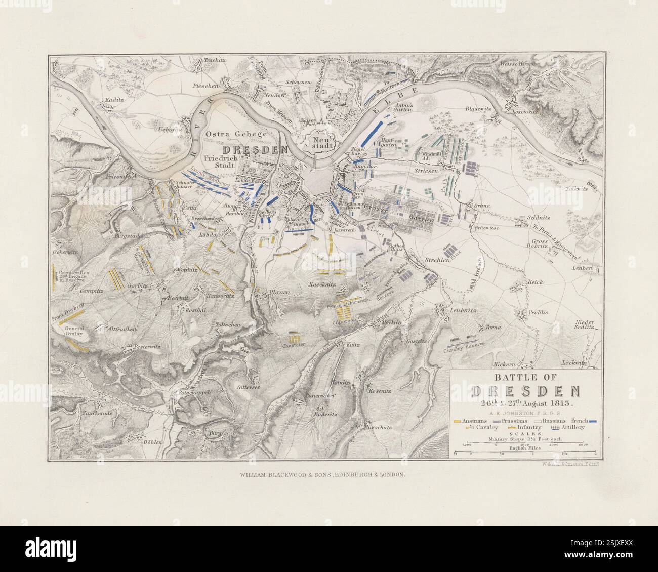 Piano della Battaglia di Dresda, Germania, agosto 1813. Mappa militare storica di Alexander Keith Johnston, prodotta nel XIX secolo Foto Stock
