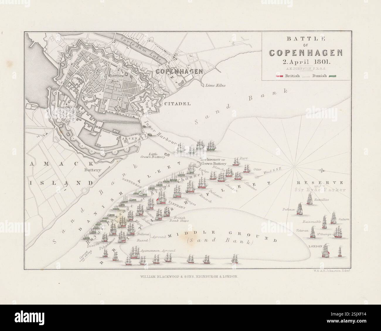 Plan of the Battle of Copenhagen, Danimarca, 2 aprile 1801. Mappa militare storica di Alexander Keith Johnston, prodotta nel XIX secolo Foto Stock