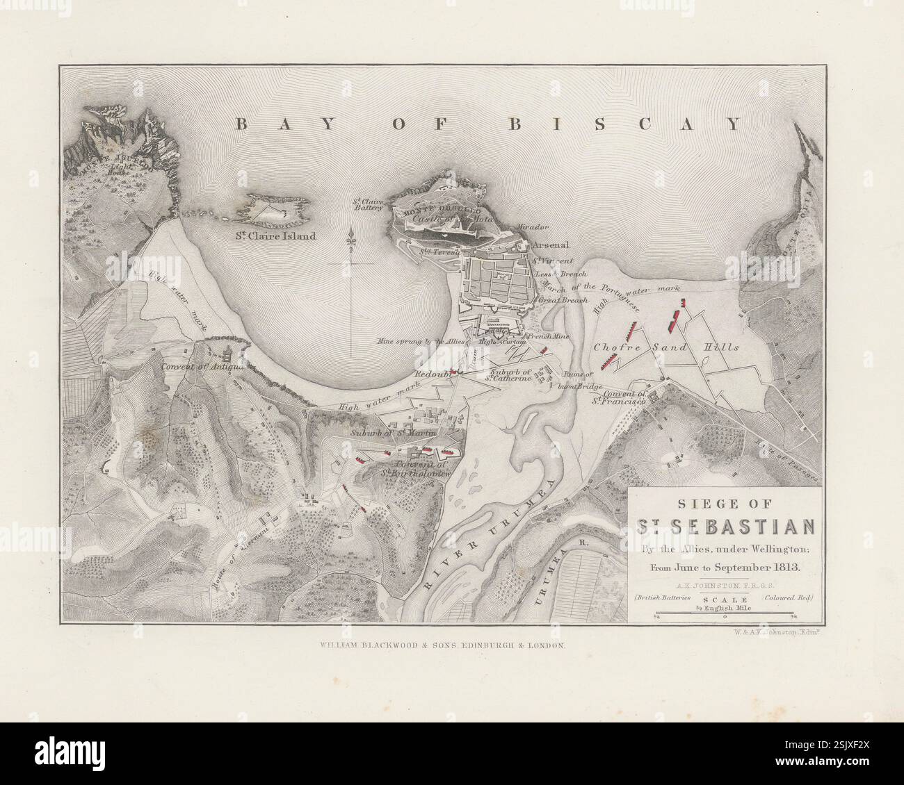 Piano dell'assedio di San Sebastian, da parte degli Alleati al comando di Wellington, 1813. Mappa militare storica di Alexander Keith Johnston, prodotta nel XIX secolo Foto Stock