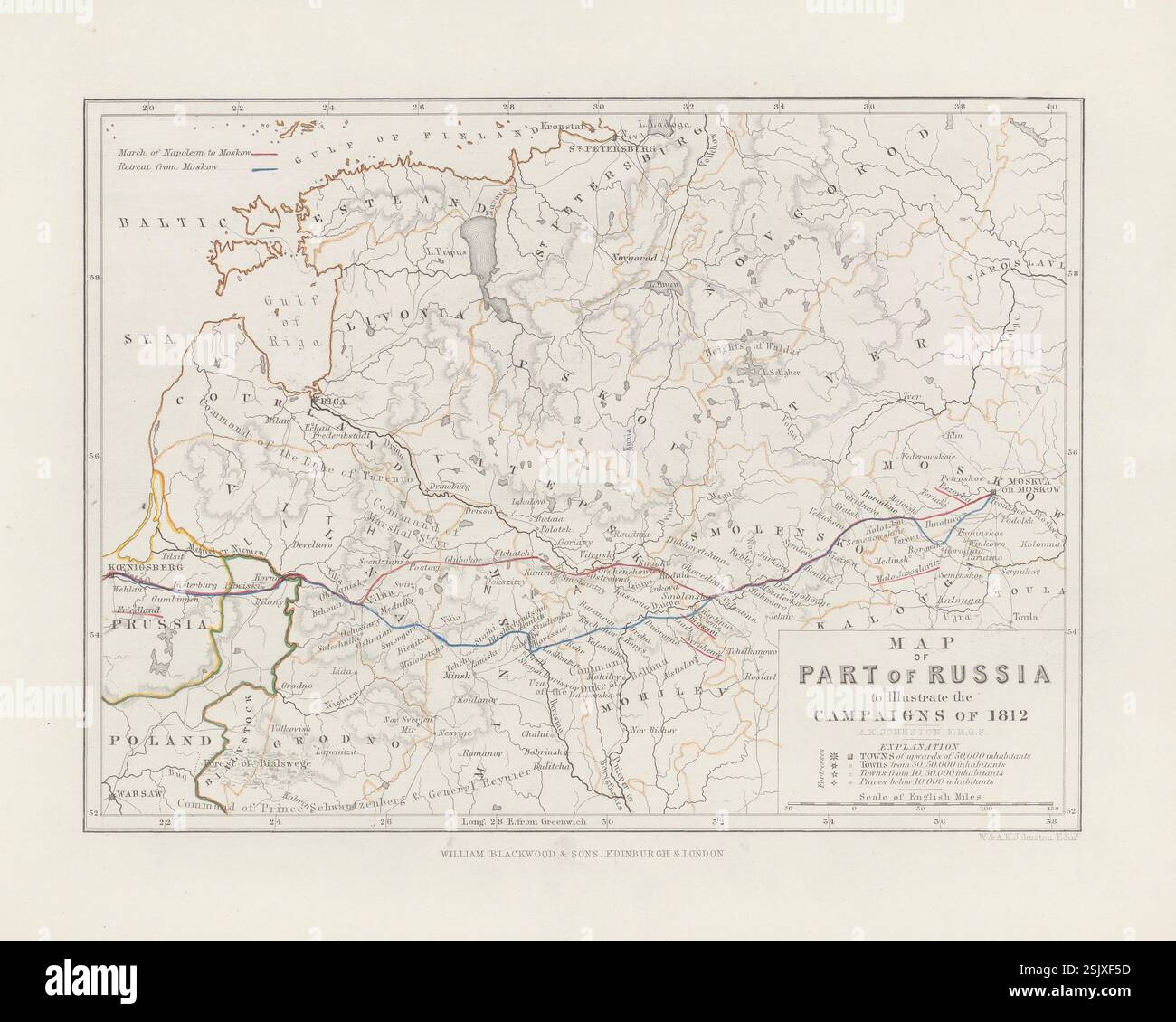 Mappa di parte della Prussia per illustrare le campagne del 1812 . Mappa militare storica di Alexander Keith Johnston, prodotta nel XIX secolo Foto Stock