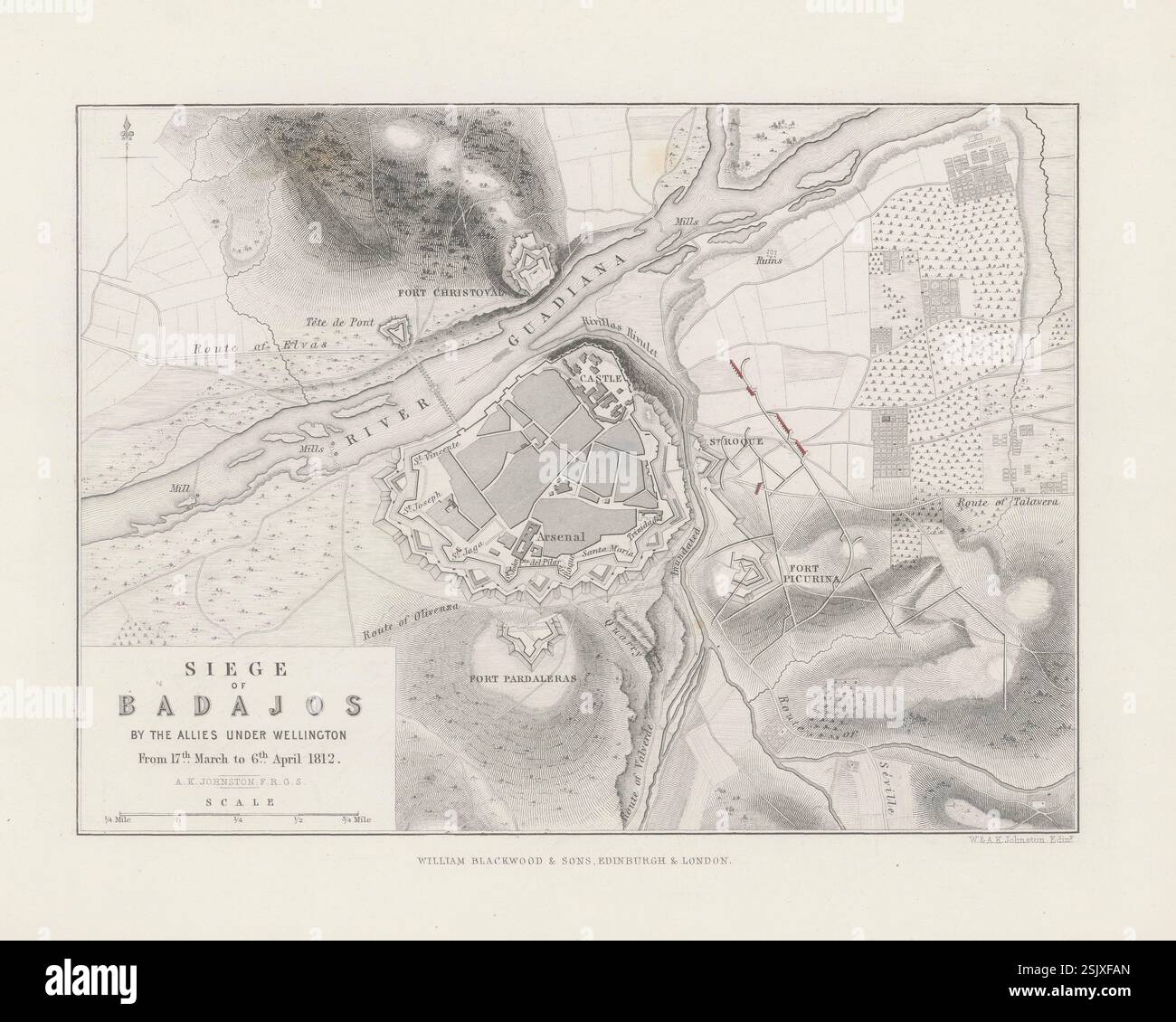 Piano d'assedio di Badajos, da parte degli Alleati al comando di Wellington, 1812. Mappa militare storica di Alexander Keith Johnston, prodotta nel XIX secolo Foto Stock