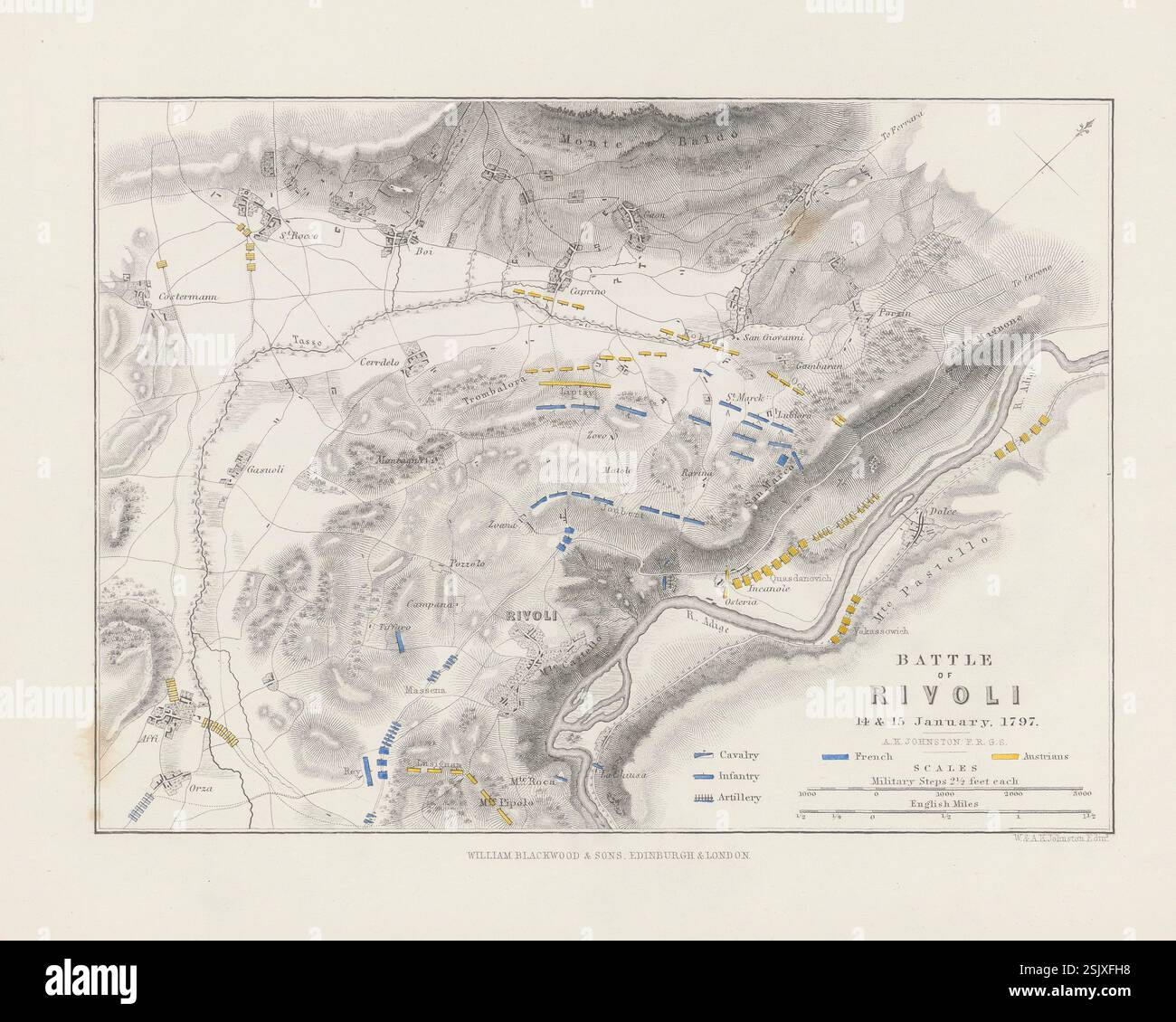 Piano della Battaglia di Rivoli, gennaio 1797. Mappa militare storica di Alexander Keith Johnston, prodotta nel XIX secolo Foto Stock