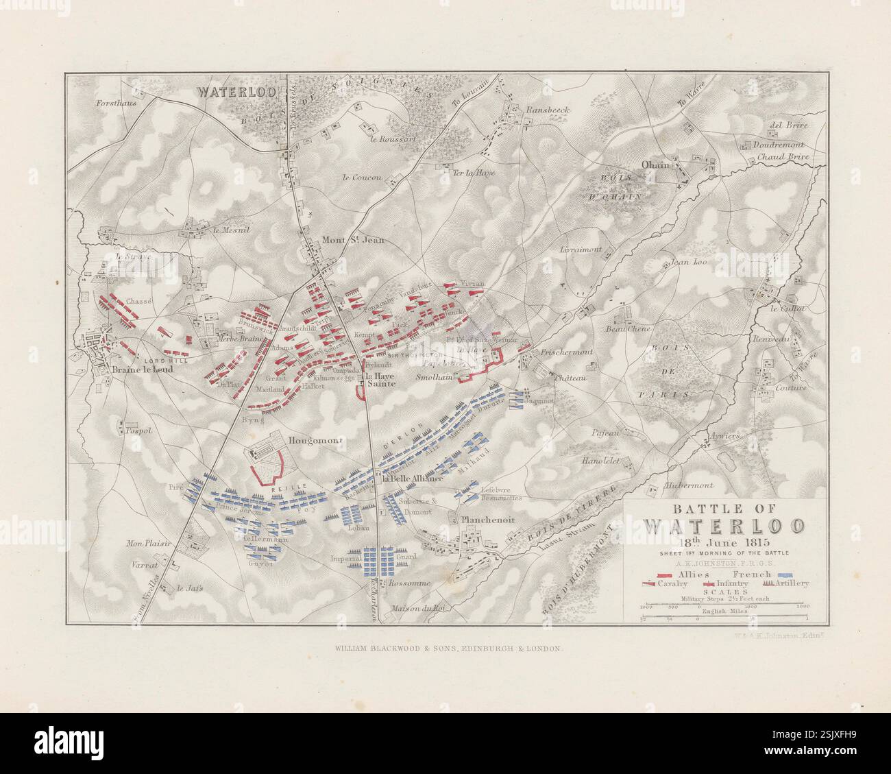 Piano della Battaglia di Waterloo, 18 giugno 1815. La mattina della battaglia. Mappa militare storica di Alexander Keith Johnston, prodotta nel XIX secolo Foto Stock