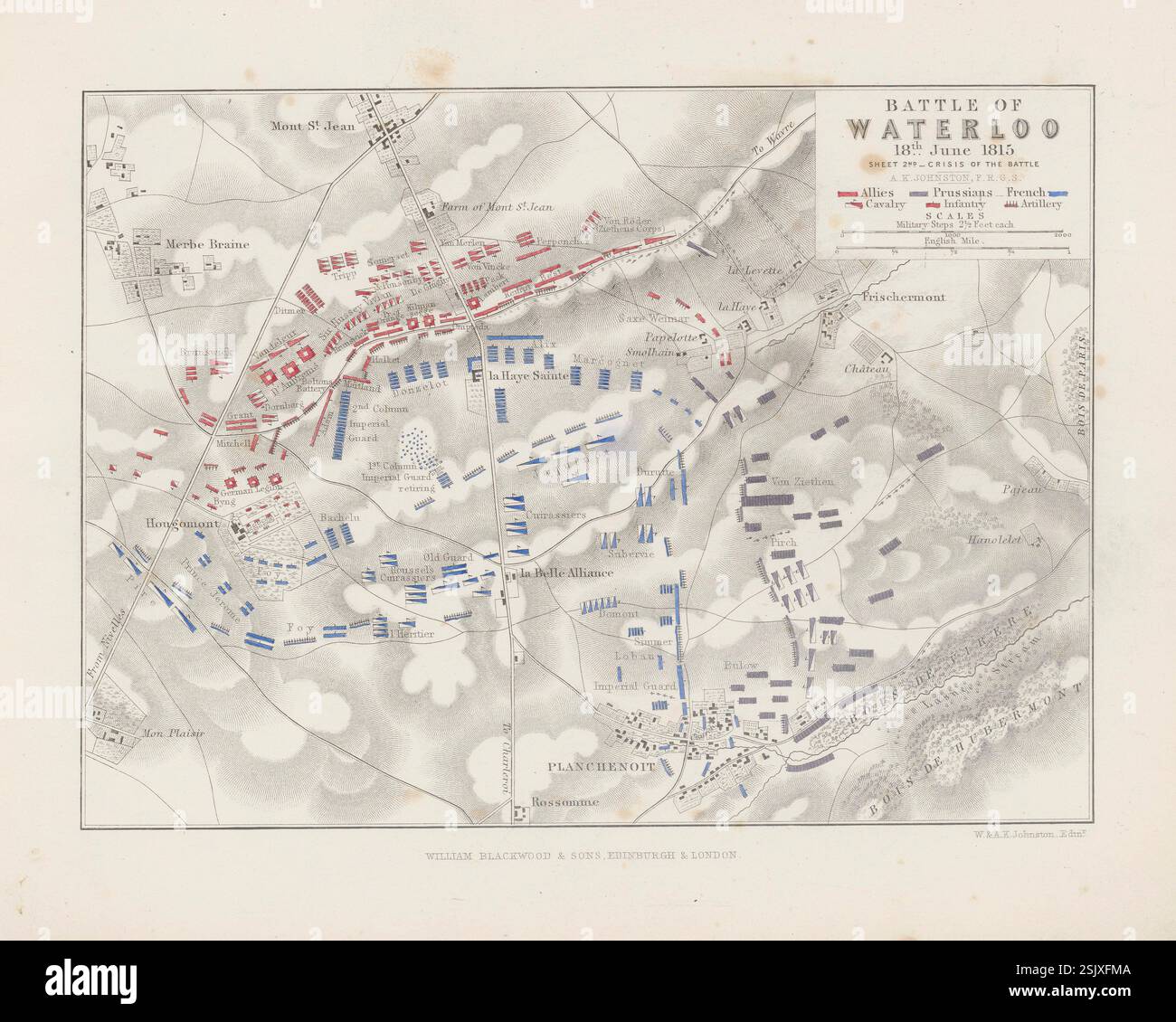 Piano della Battaglia di Waterloo, 18 giugno 1815. Crisi della battaglia. Mappa militare storica di Alexander Keith Johnston, prodotta nel XIX secolo Foto Stock