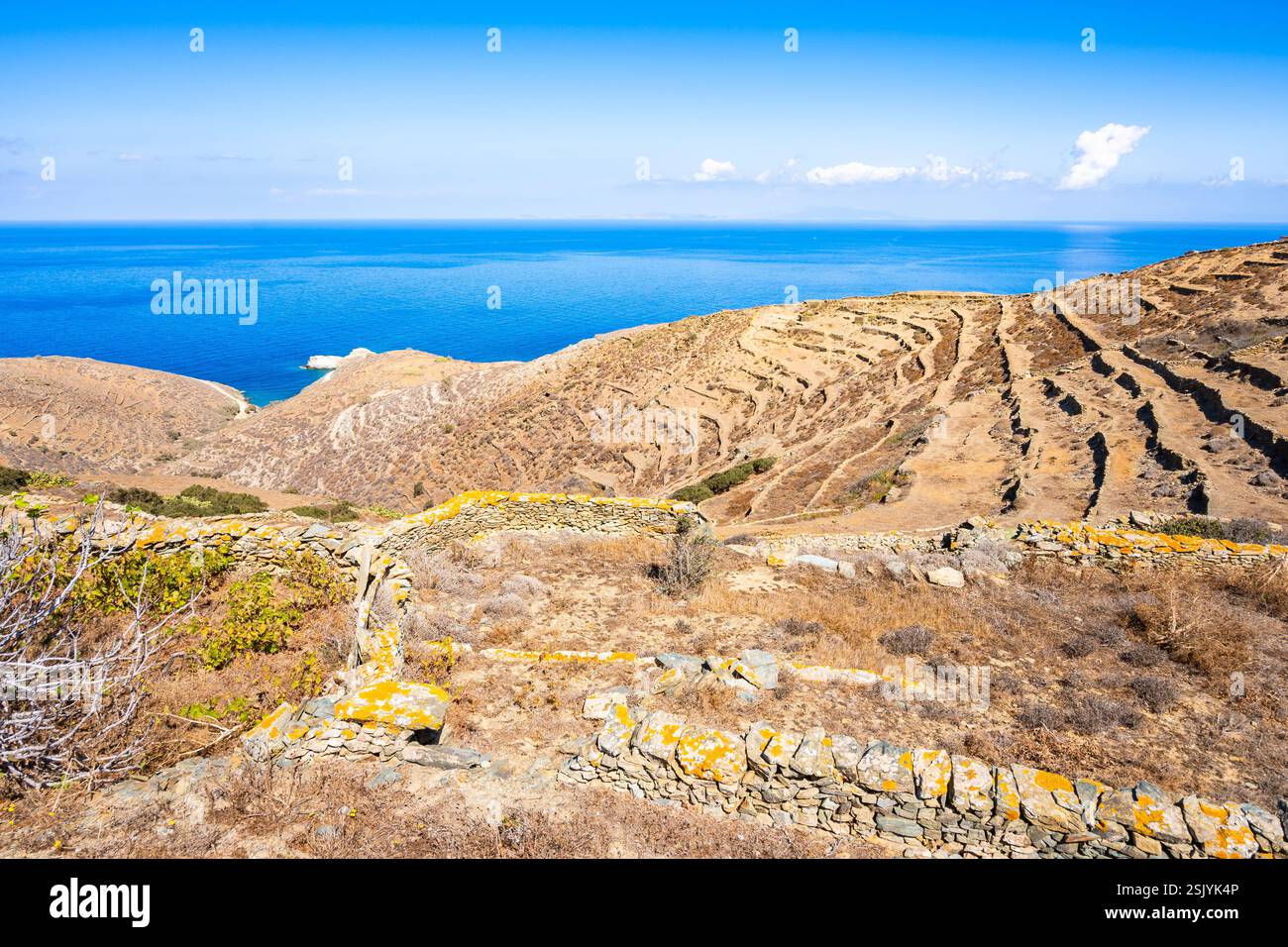 Vista delle terre agricole nel paesaggio montano lungo il mare, l'isola di Folegandros, le Cicladi, la Grecia Foto Stock