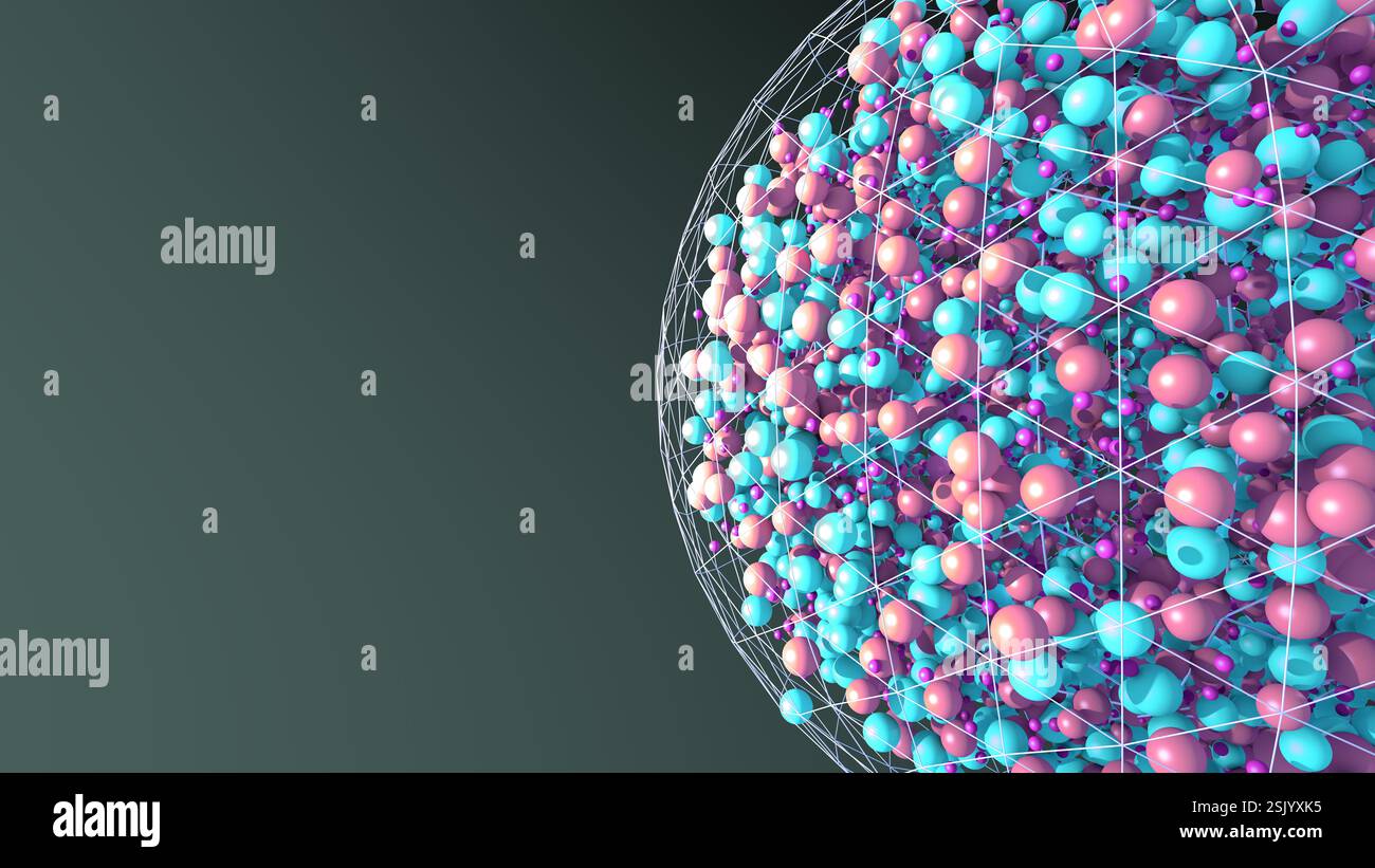 Le sfere intrappolate in una griglia geometrica simboleggiano la regolazione e il controllo dell'IA - illustrazione 3d. Foto Stock