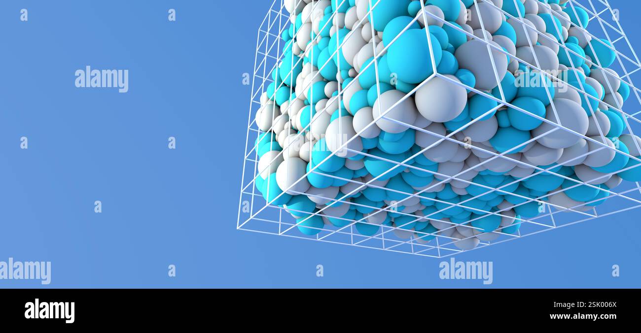 Le sfere intrappolate in una griglia geometrica simboleggiano la regolazione e il controllo dell'IA - illustrazione 3d. Foto Stock