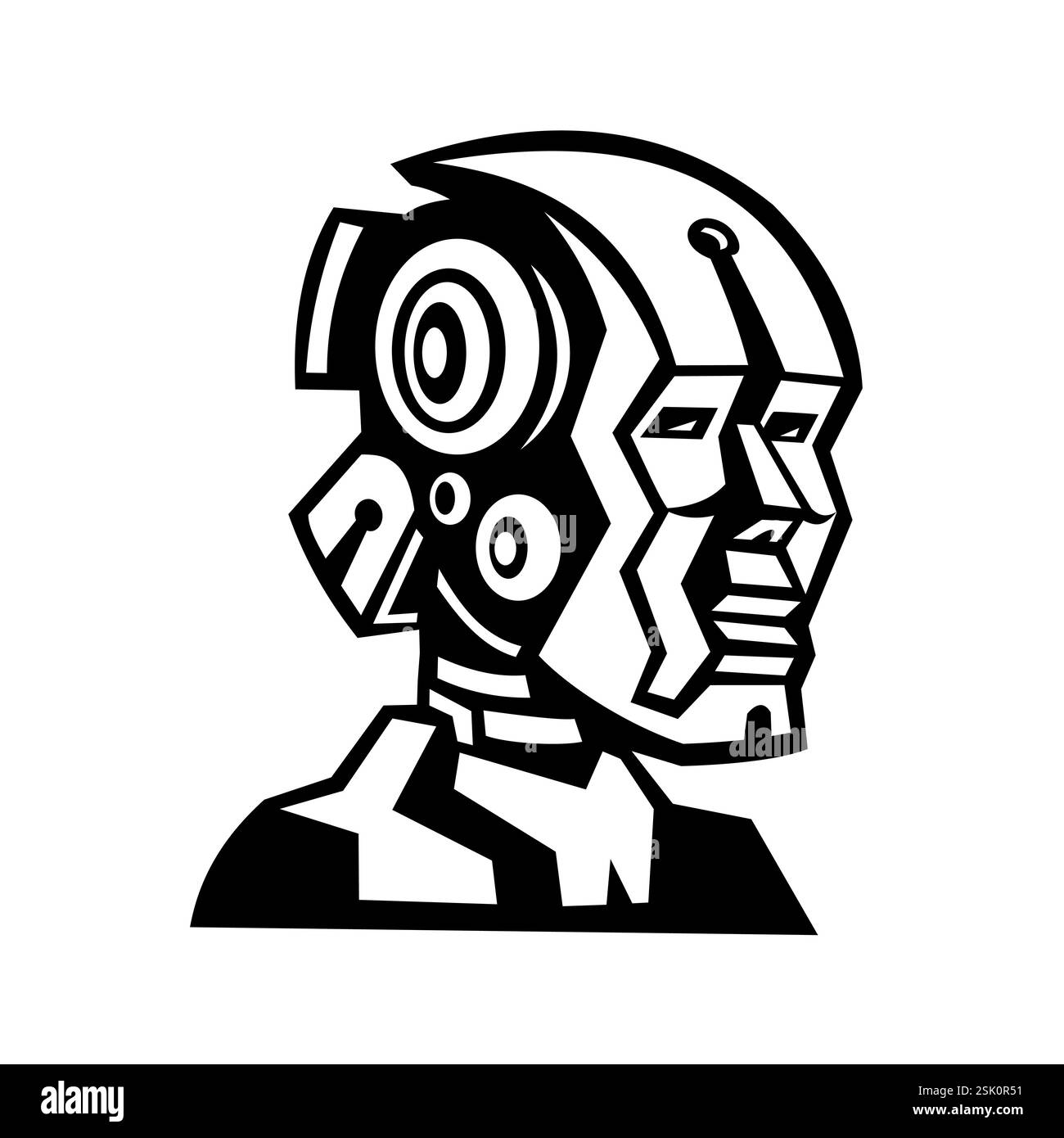 Immagine mascotte della testa di un cyborg robot umanoide maschile visto lateralmente su sfondo isolato in stile retrò bianco e nero. Illustrazione Vettoriale