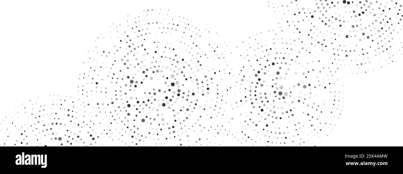 Ripetizione circolare concentrica tratteggiata nera. Suono ondulato sullo sfondo della suoneria. Sfondo di rilascio astratto mezzitoni radiali. Grana circolare per volantini, poster, presentazioni, banner. Sfondo vettoriale Illustrazione Vettoriale