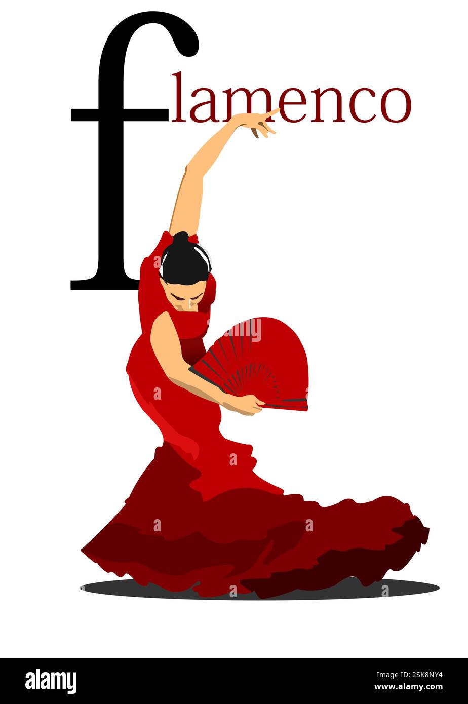 Bella giovane donna che danza flamenco. Illustrazione 3d vettoriale disegnata a mano Illustrazione Vettoriale
