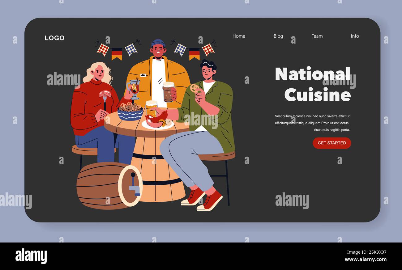 Illustrazione della cucina nazionale. Un gruppo di amici che condivide pasti tradizionali e bevande a un tavolo, celebrando i sapori locali. L'ambiente trasmette calore e spirito di comunità, invitando l'esplorazione culinaria e il piacere. Illustrazione vettoriale. Illustrazione Vettoriale