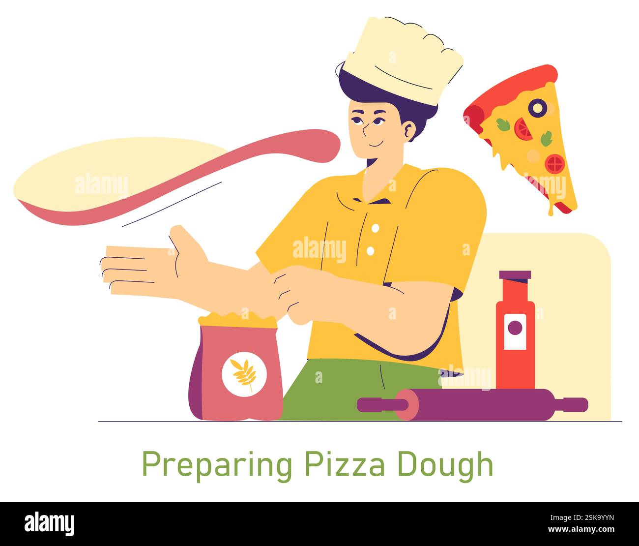 Il National Pizza Day celebra la gioia della pizza, con uno chef entusiasta che prepara sapientemente l'impasto. Questa vivace scena cattura la passione per la cucina italiana classica, enfatizzando l'arte di preparare la pizza perfetta, con condimenti, salsa e attrezzi a portata di mano. Illustrazione vettoriale. Illustrazione Vettoriale