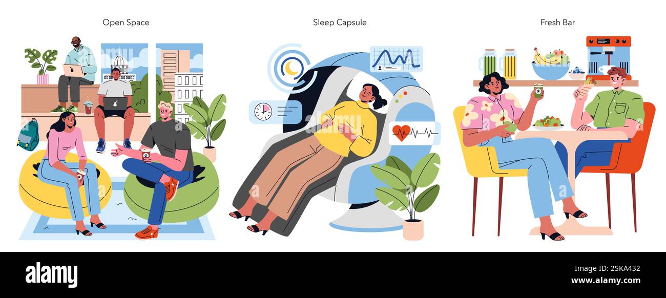 Moderno ambiente ufficio con spazio aperto per la collaborazione, capsula per il sonno per il relax e un bar fresco per mangiare sano. Un mix di comfort e produttività favorisce il benessere dei dipendenti. Illustrazione vettoriale. Illustrazione Vettoriale