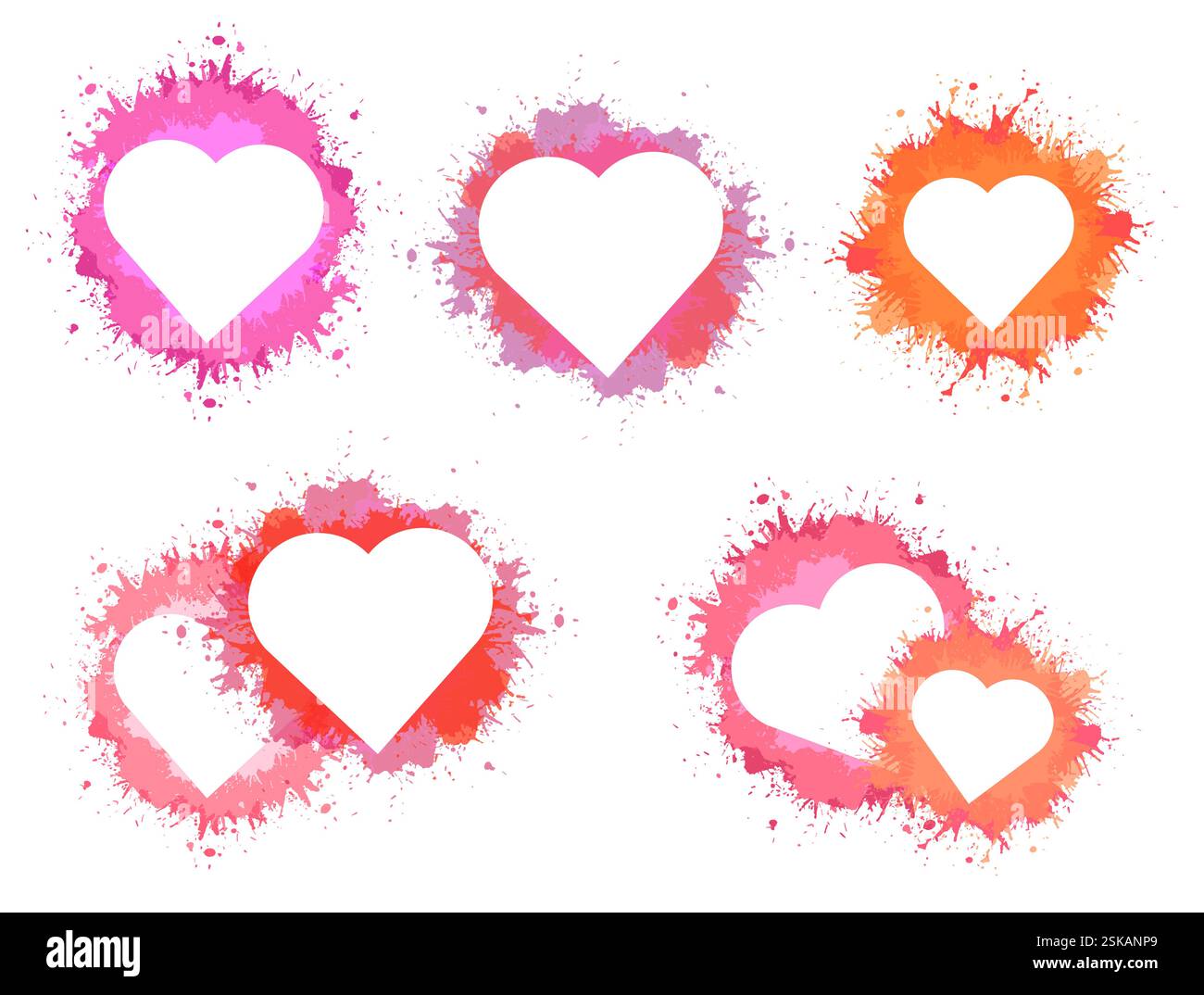 Set vettoriale di clip art sagoma a cuore con spruzzi di acquerello rosa isolati dallo sfondo. Collezione di cuori grunge natalizi per le icone Illustrazione Vettoriale