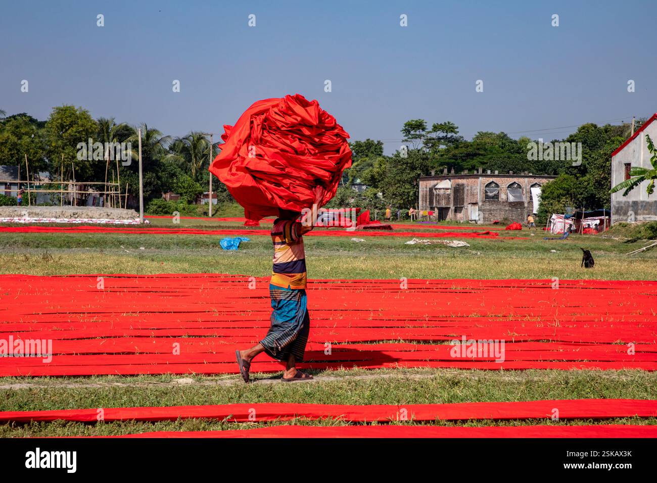 Un lavoratore porta un panno colorato sulla testa mentre si dirige verso la fabbrica dopo che si è asciugato. Narsingdi, Bangladesh. Foto Stock