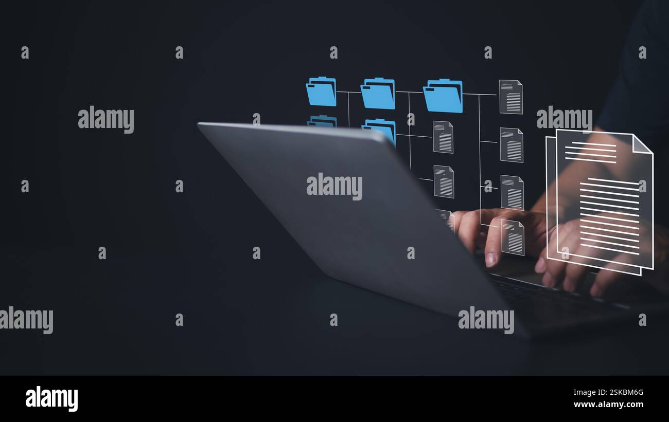 Sistema di gestione dei documenti sul computer con directory dei documenti. Software di archiviazione, ricerca e gestione delle informazioni sui file aziendali. Documentare l'elettrone Foto Stock