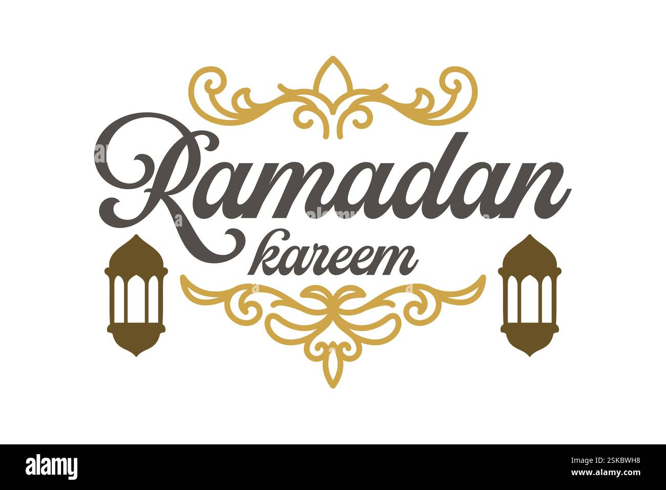 Un design elegante con le parole Ramadan Kareem, ornate fiorenti e lanterne tradizionali. Illustrazione Vettoriale