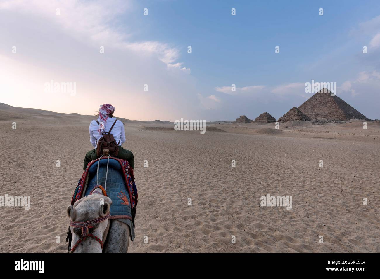 Donna montata su un dromedario sulla schiena che guarda le piramidi d'Egitto Foto Stock
