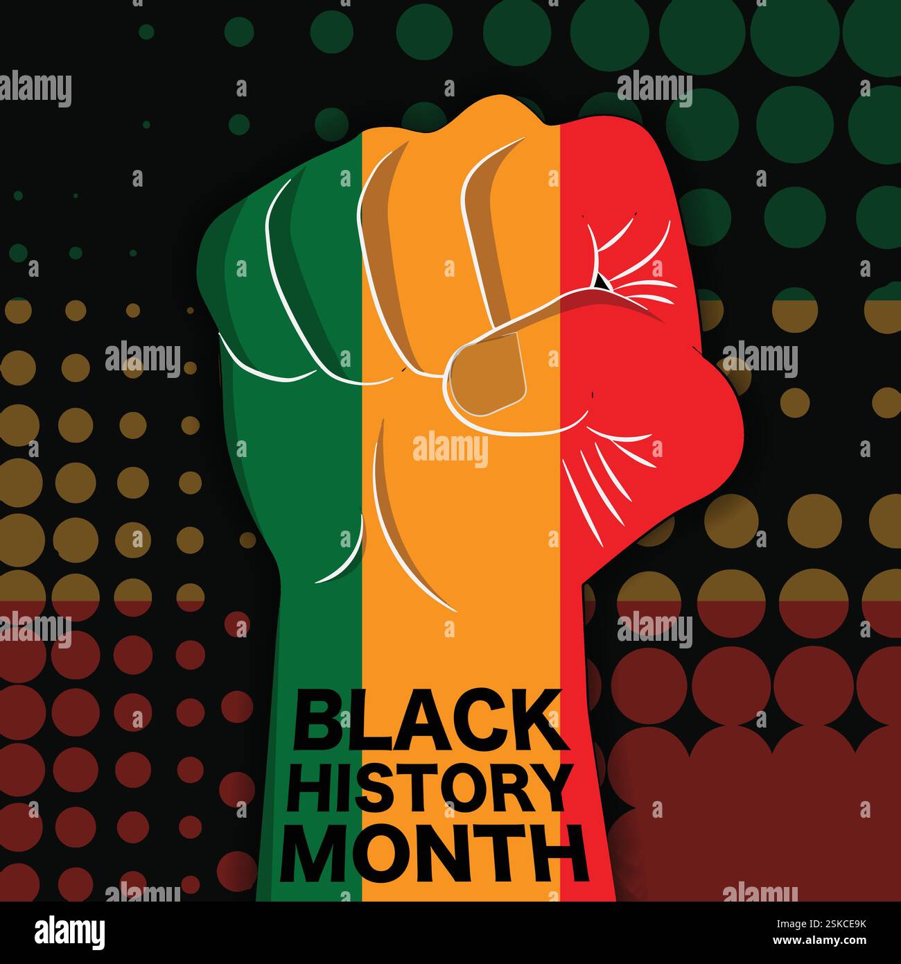 Banner, poster, modello con bandiera e icona a pugno su sfondo nero per il mese della storia Illustrazione Vettoriale