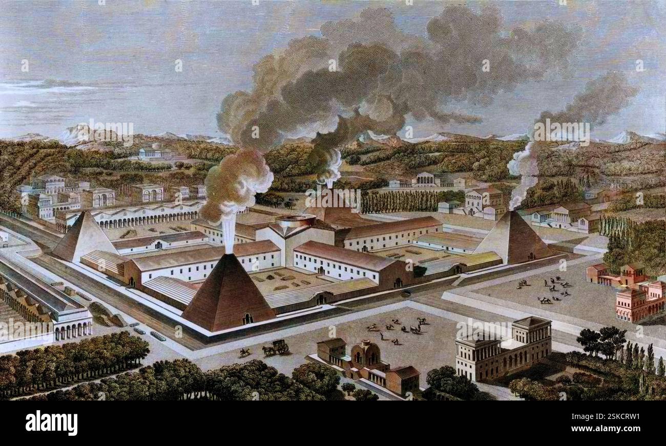 312 / 5 000 Vista prospettica di una fucina di cannoni per fabbricare armi a scopo difensivo nella città ideale di Chaux - incisione per il progetto di Claude Nicolas Ledoux, (1736-1806) - "l'Architecture considérée sous le rapport de l'art, des moeurs et de la législation" - colorazione. Foto Stock