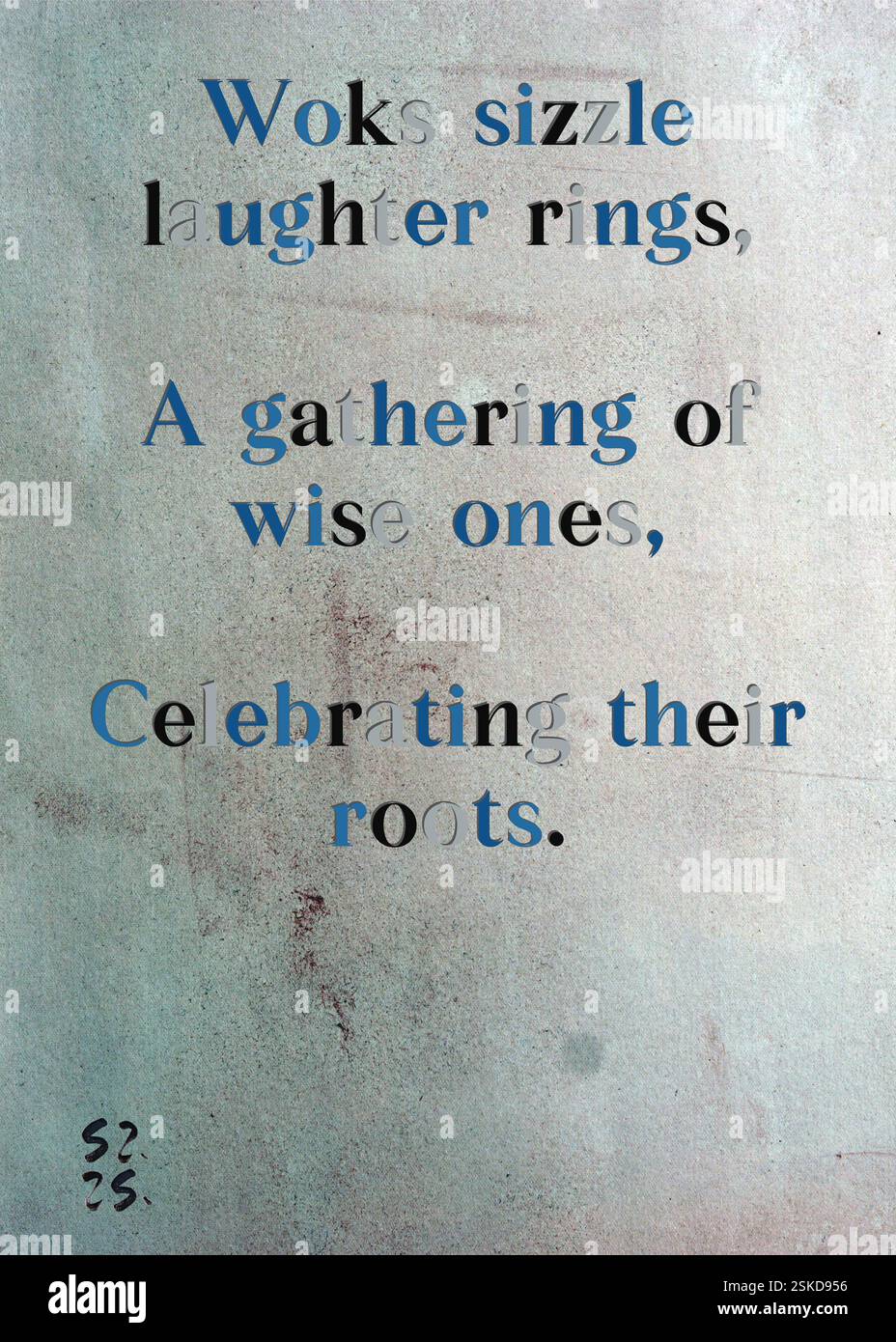 Svegliati sorseggiano anelli di risata, Un raduno di saggi, che celebrano le loro radici. Oana Toma's Silver Writers' Guild. Arte di Zsuzsa Szikra. Poetry Art Print, Triplumes è una forma poetica unica ispirata al tradizionale haiku, composta da tre righe che catturano momenti di chiarezza, emozione e approfondimento. Nella nostra collezione abbracciamo la libertà del linguaggio, dove la fusione delle parole e la rimozione dei trattini è più di una scelta stilistica: È un modo per trasmettere unità e vicinanza tra le idee, creando un'espressione fluida e compatta che risuona con i ritmi della vita moderna. Foto Stock