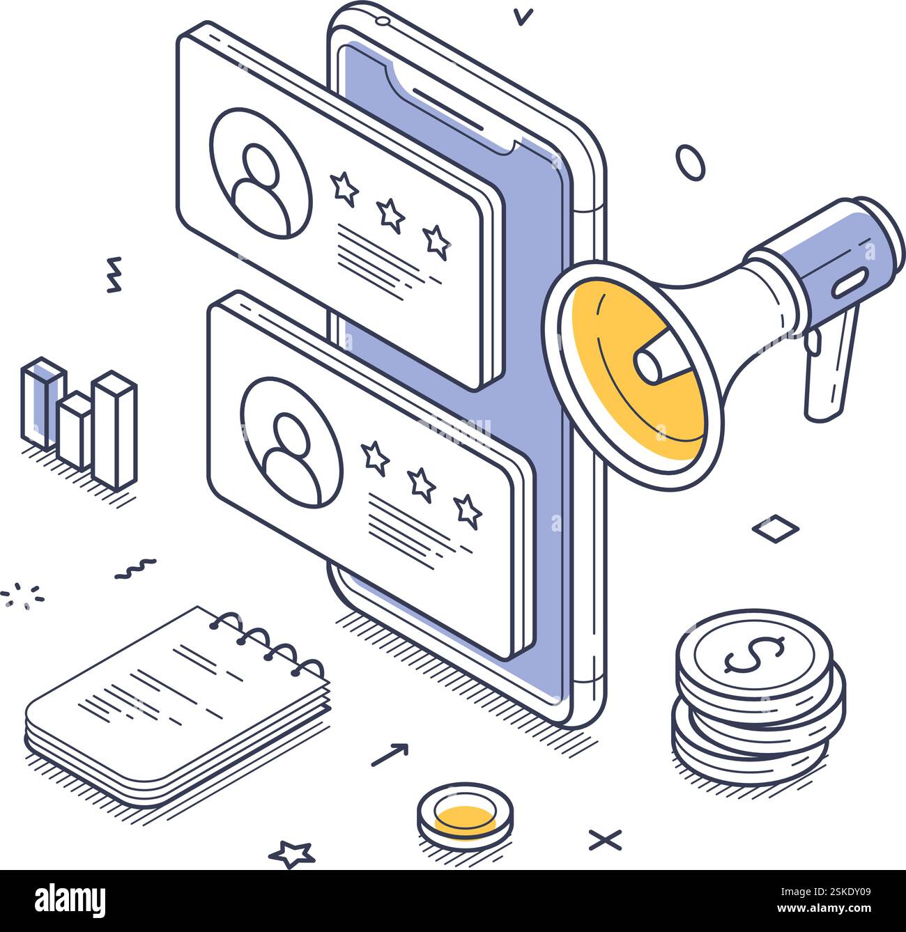 Smartphone che visualizza i profili utente e le classificazioni accanto a un megafono. Monete, grafici e banconote rappresentano una crescita del feedback e delle recensioni online. Moder Illustrazione Vettoriale
