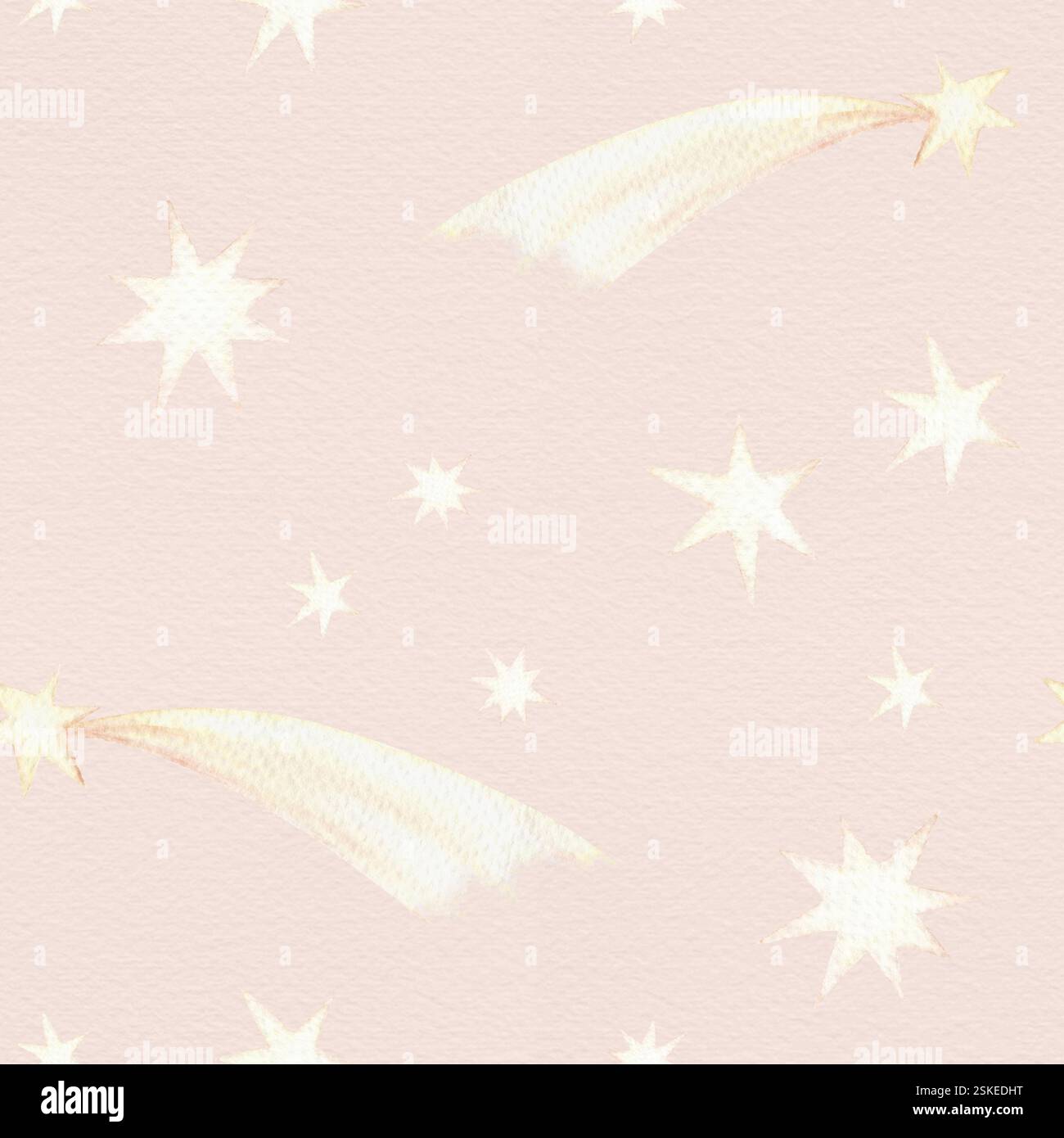 Stella gialla e cometa motivo senza cuciture in stile cartoni animati. Illustrazione del bambino ad acquerello disegnata a mano sullo sfondo rosa. Perfetto per una festa di pigiama Foto Stock