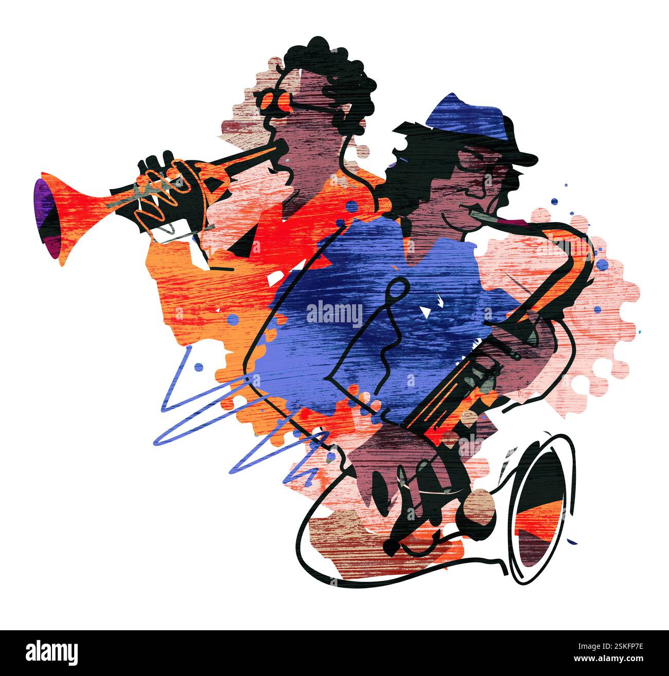 Due jazzisti, tema jazz, trombettista e sassofonista. Illustrazione espressiva e colorata di due musicisti jazz. Isolato su sfondo bianco. Foto Stock