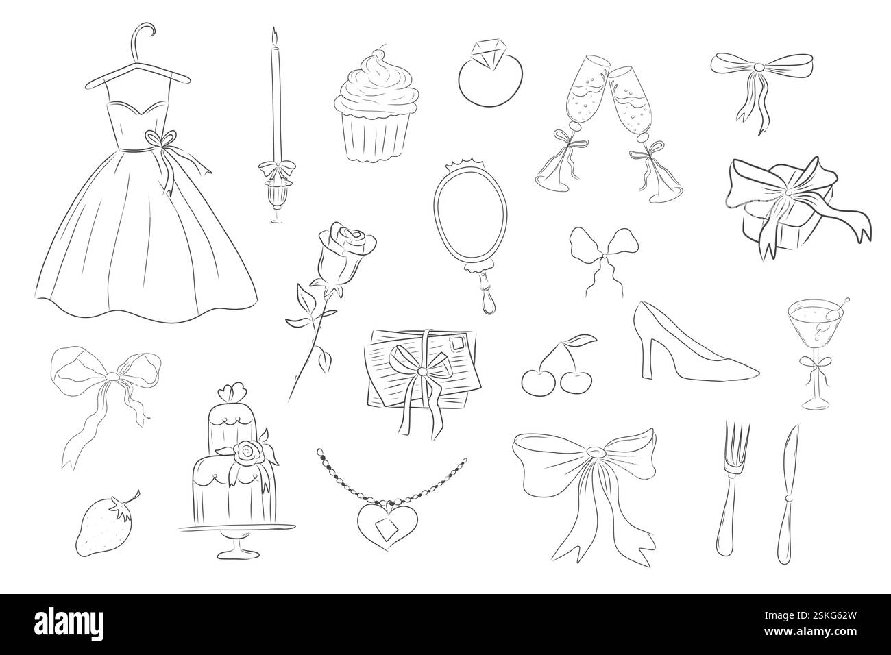 Romantica collezione femminile per il matrimonio con coquette. Carino arco doodle, nastro. Cuore, fiori e regali, lettera d'amore. Illustrazione vettoriale Illustrazione Vettoriale