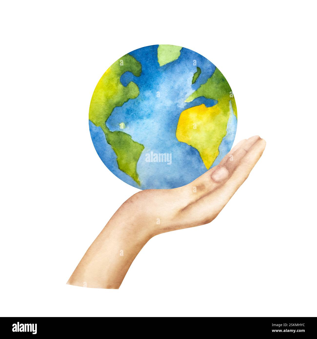 Palma umana, mano con il pianeta terra. Illustrazione disegnata a mano con acquerello isolata sullo sfondo. Agricoltura, giardinaggio biologico, piantagione o ecologia Foto Stock