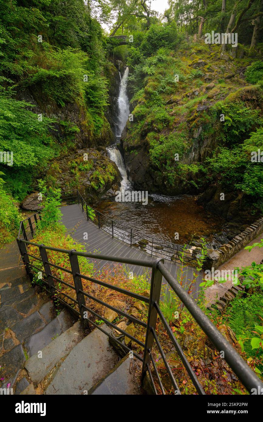 Gradini che conducono alla cascata Aira Force vicino a Ullswater nel Lake District, Regno Unito. Foto Stock