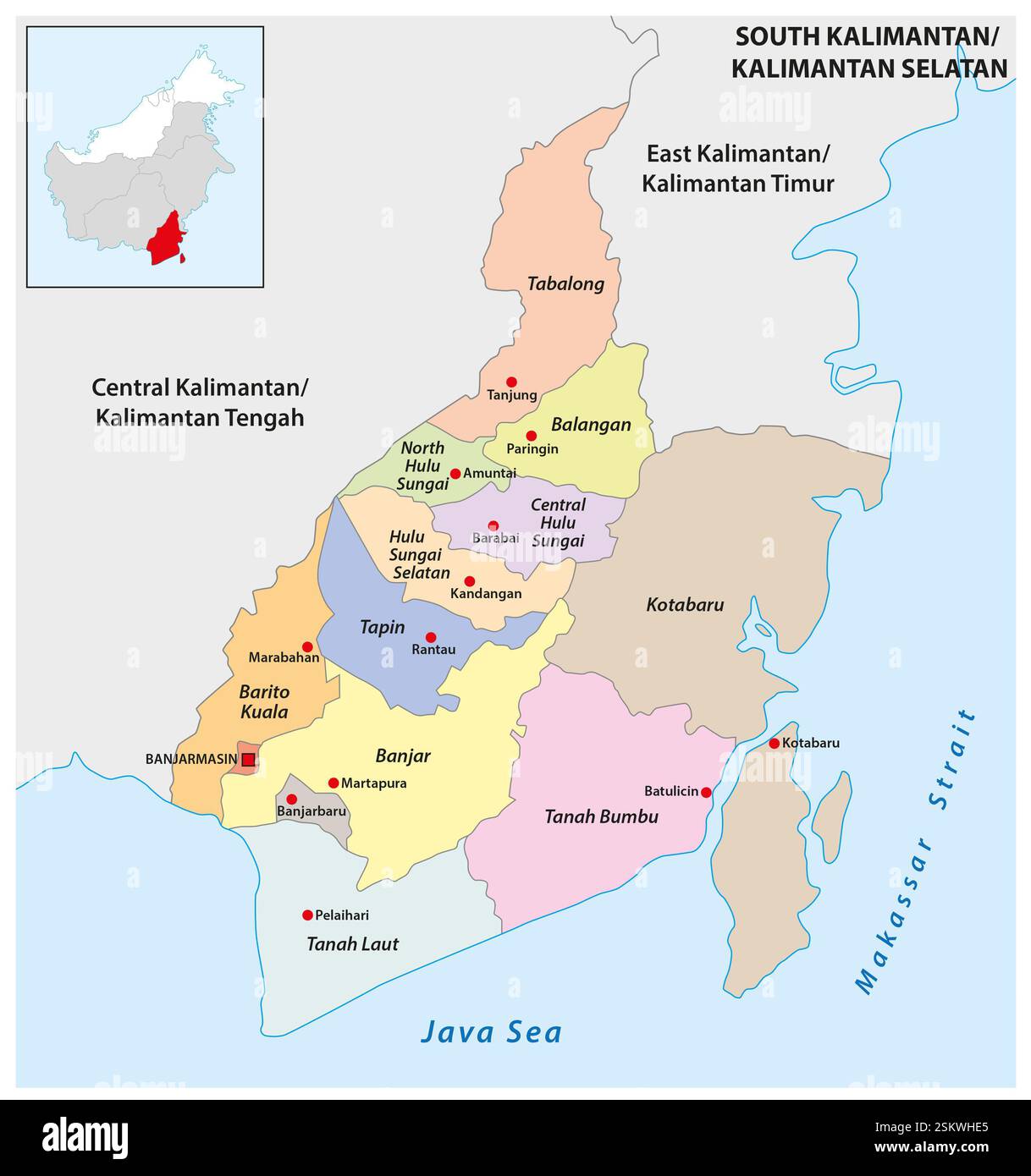 Mappa amministrativa della provincia indonesiana di Kalimantan meridionale, Borneo Foto Stock