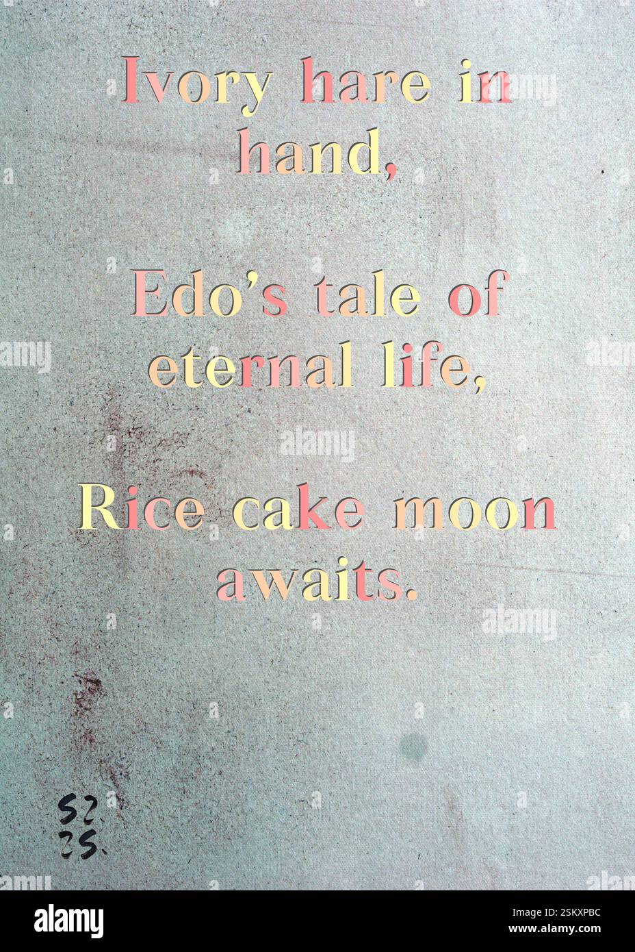 Ivory Hare in mano, il racconto di Edo sulla vita eterna, Rice cake Moon ti aspetta. La Gilda degli scrittori d'argento di Pablo del Crepusculo. Arte di Zsuzsa Szikra. Poetry Art Print, Triplumes è una forma poetica unica ispirata al tradizionale haiku, composta da tre righe che catturano momenti di chiarezza, emozione e approfondimento. Nella nostra collezione abbracciamo la libertà del linguaggio, dove la fusione delle parole e la rimozione dei trattini è più di una scelta stilistica: È un modo per trasmettere unità e vicinanza tra le idee, creando un'espressione fluida e compatta che risuona con i ritmi della vita moderna. Foto Stock