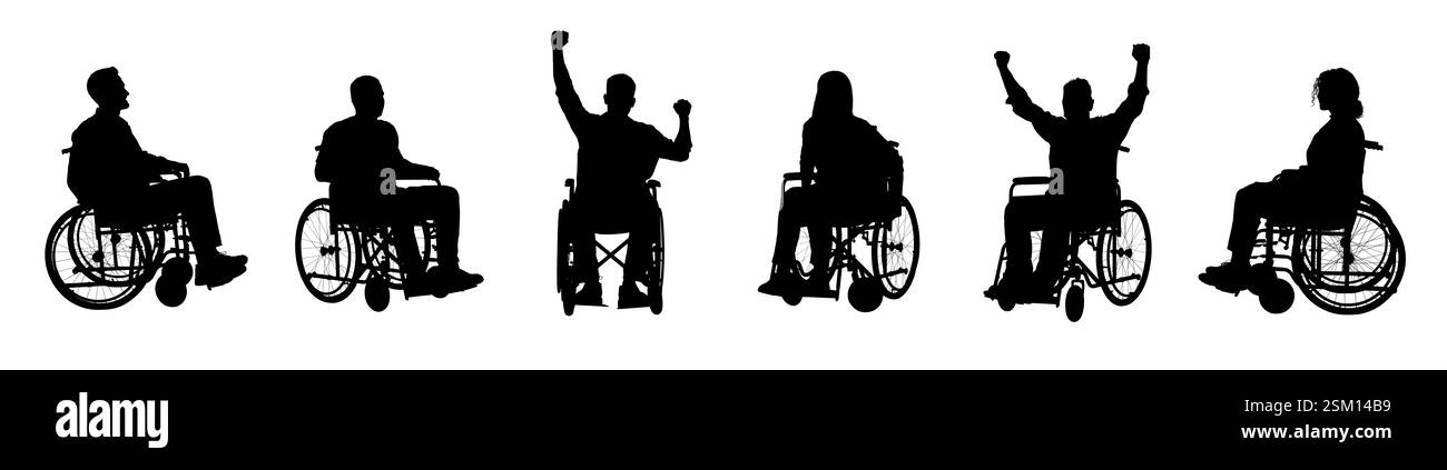 Sagome di persone su sedia a rotelle su sfondo bianco, set Foto Stock