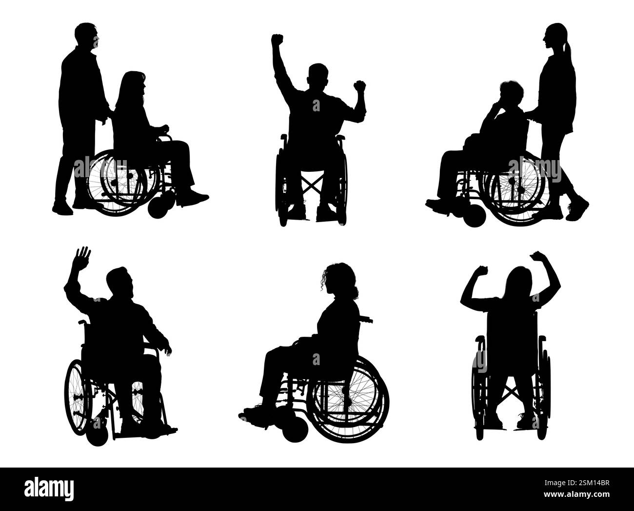 Sagome di persone su sedia a rotelle su sfondo bianco, set Foto Stock