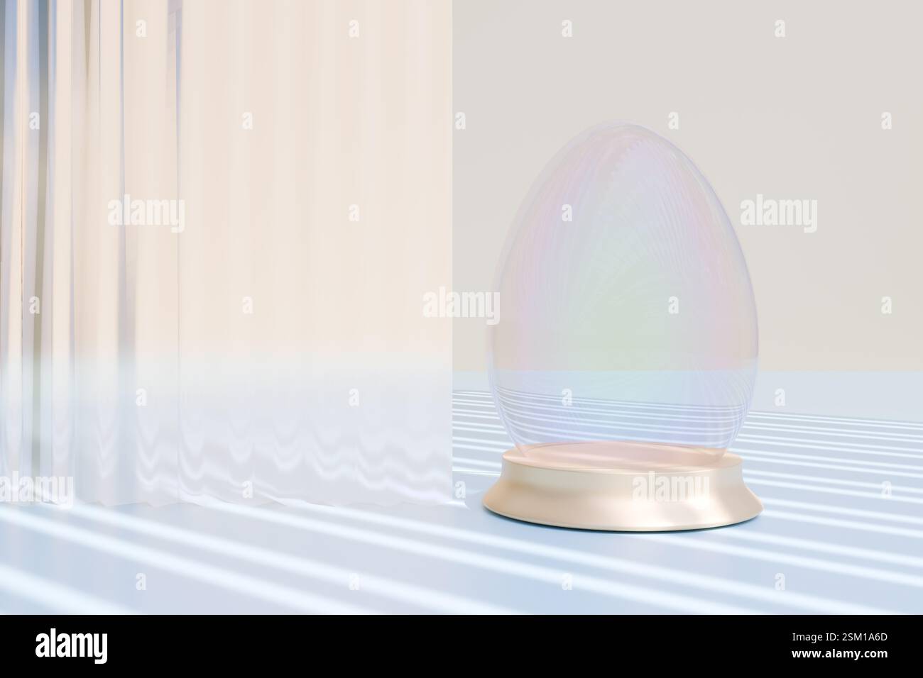 Uovo decorativo esposto per Pasqua, circondato da luci soffuse e da un'atmosfera serena. rendering 3d. Foto Stock