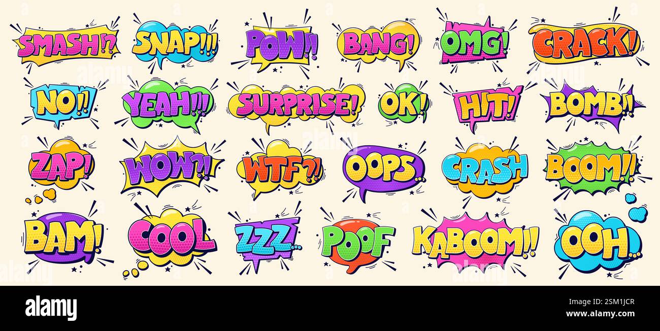 Gruppo di bolle di discorso Smash Snap Pow Bang OMG Crack No Yeah Surprise OK Hit Bomb Zap Wow WTF Oops Crash Boom Bam Cool ZZZ Poof Kaboom Oh. Illustrazioni fumettistiche a fumetti a colori con elementi mezzitoni. Illustrazione Vettoriale