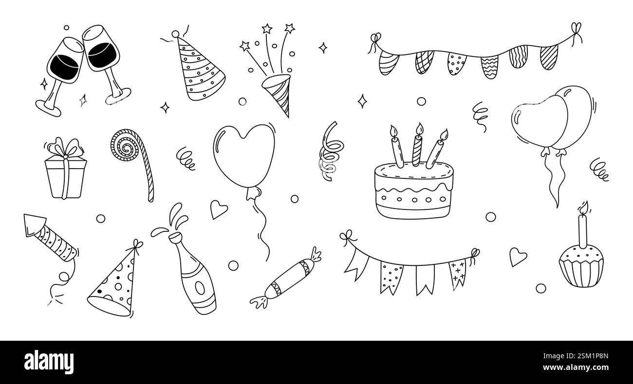 doodle compleanni, tra cui una torta, palloncini e decorazioni natalizie. Perfetto per inviti a feste, biglietti d'auguri, celebrazioni ed eventi Illustrazione Vettoriale