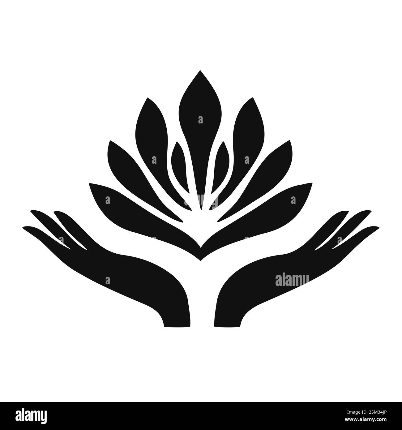 Mani che reggono un'icona di fiori di loto in bianco e nero Illustrazione Vettoriale