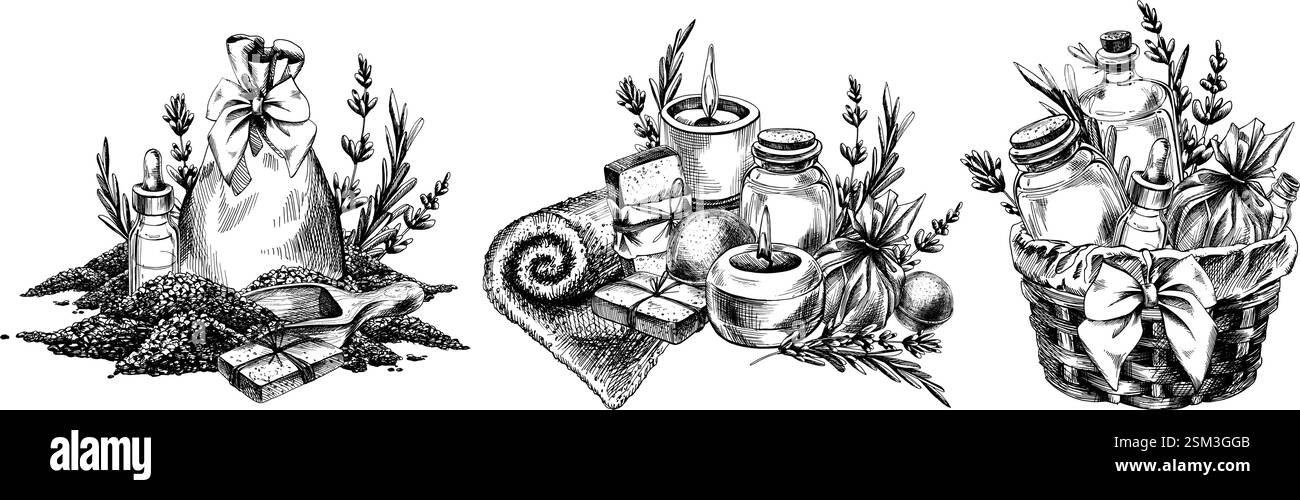 Cosmetici fatti a mano, sali da bagno, sapone, candele, bombe da bagno. Illustrazione grafica line art disegnata a mano in bianco e nero monocromatico. Set di elementi Illustrazione Vettoriale
