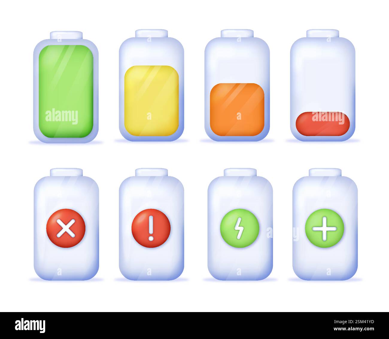 Set di icone della batteria con diversi livelli di carica e indicatori di stato. Illustrazione Vettoriale