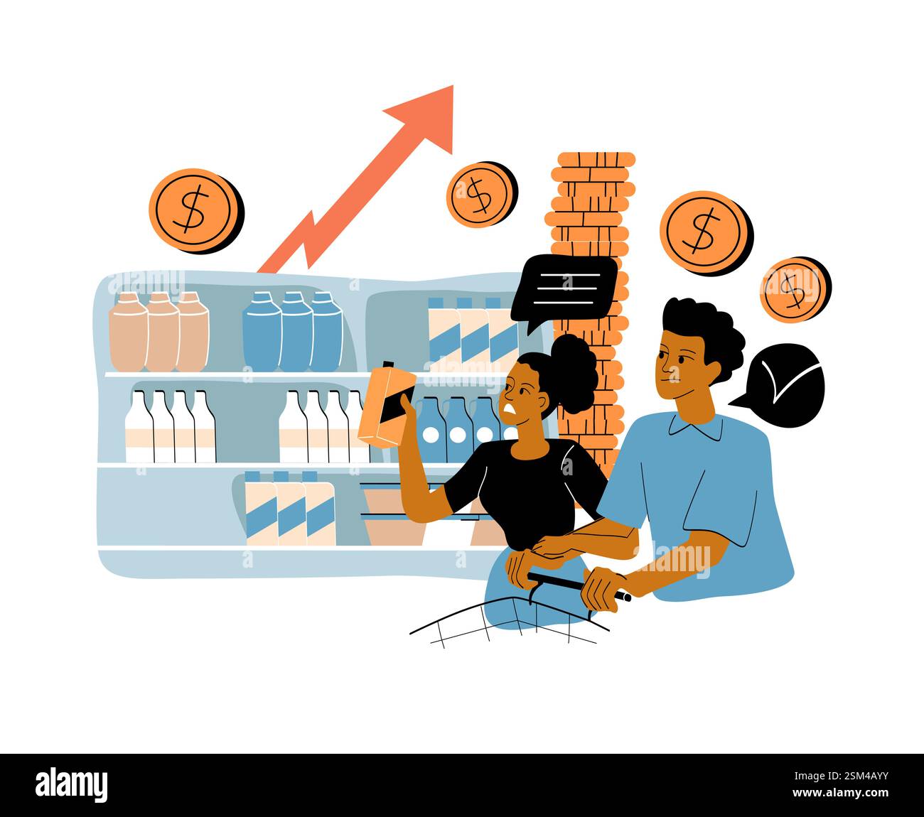Fai shopping in coppia in un negozio di alimentari con simboli di prezzo in aumento. Illustrazione Vettoriale