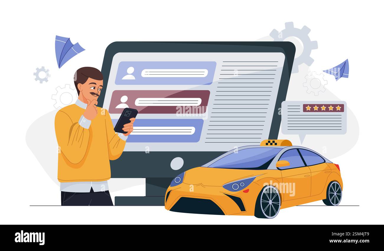 Uomo che usa lo smartphone per prenotare un taxi con recensioni online. Illustrazione Vettoriale