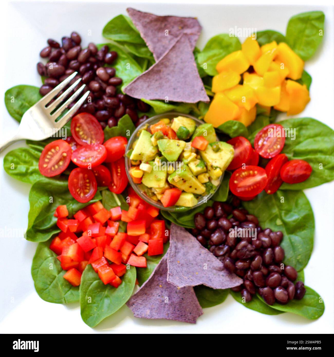 Ciotola per insalate colorata a base vegetale con salsa all'avocado, verdure fresche e patatine di mais blu Foto Stock