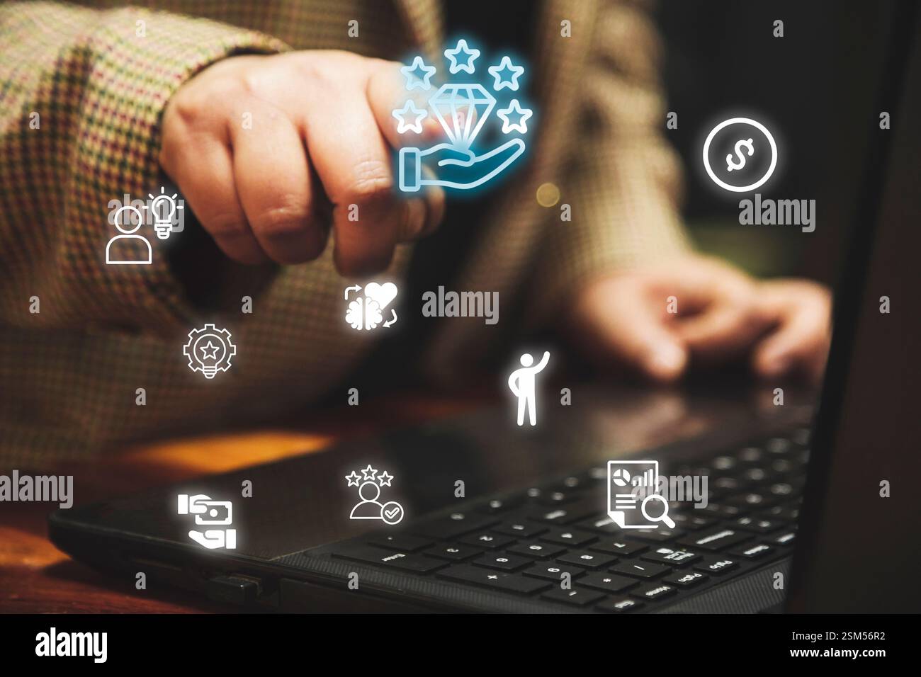 Un'immagine futuristica del concetto di business che illustra gli elementi chiave di una forte proposta di valore, tra cui l'attenzione al cliente, la differenziazione, l'appe emozionale Foto Stock