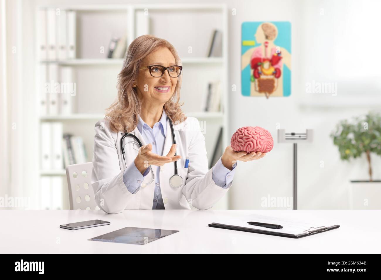 Neurologo donna seduta e in possesso di un modello cerebrale in ufficio Foto Stock